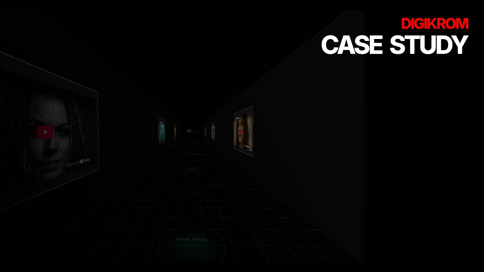 Dark tunnel hallway with video screens along the walls; 'DIGIKROM CASE STUDY' in bold red and white at the top right.