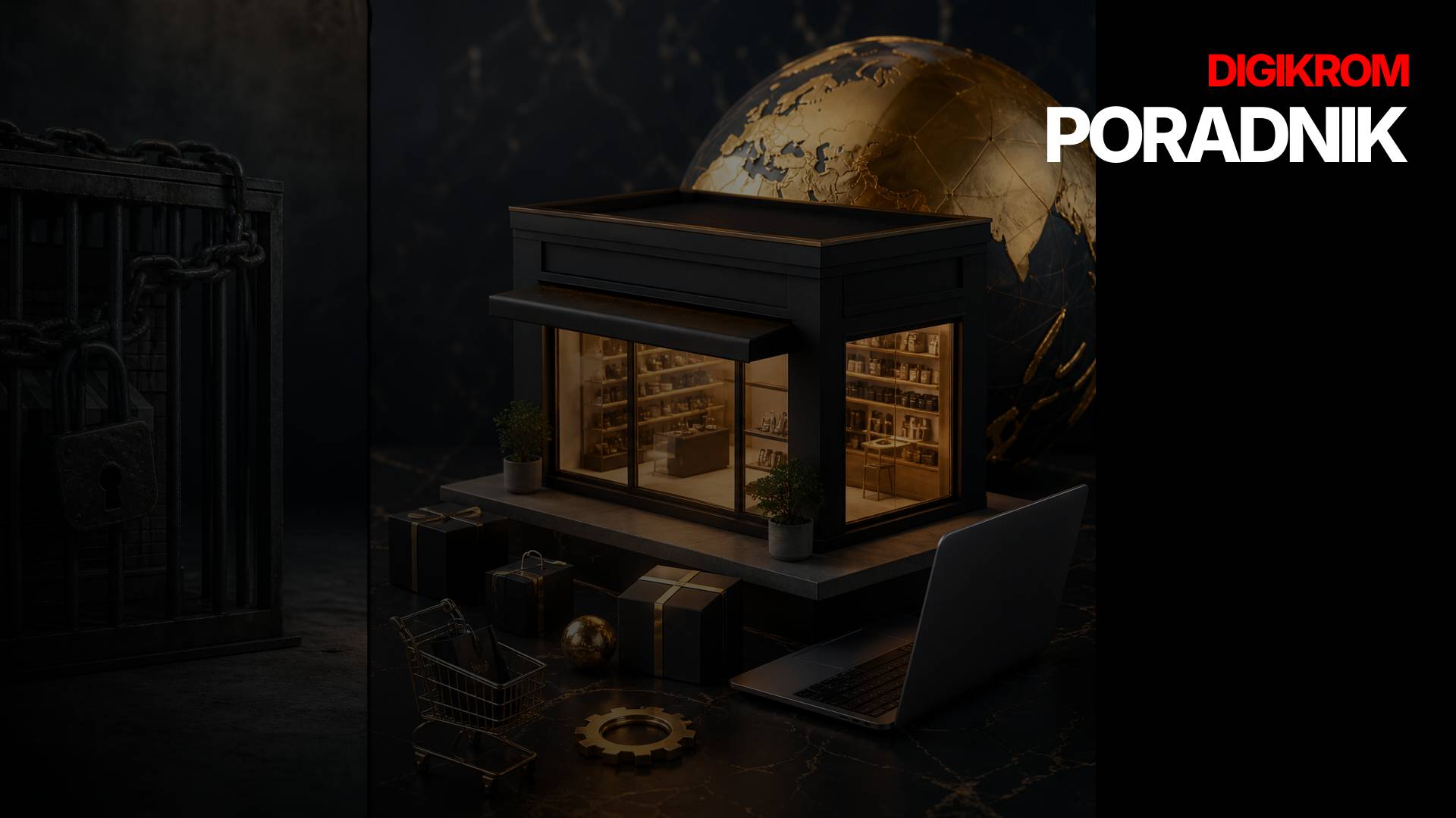 Dark banner showing a miniature shop model inside a glow, with a large globe in the background and the Digikrom Poradnik logo on the right (white and red).
