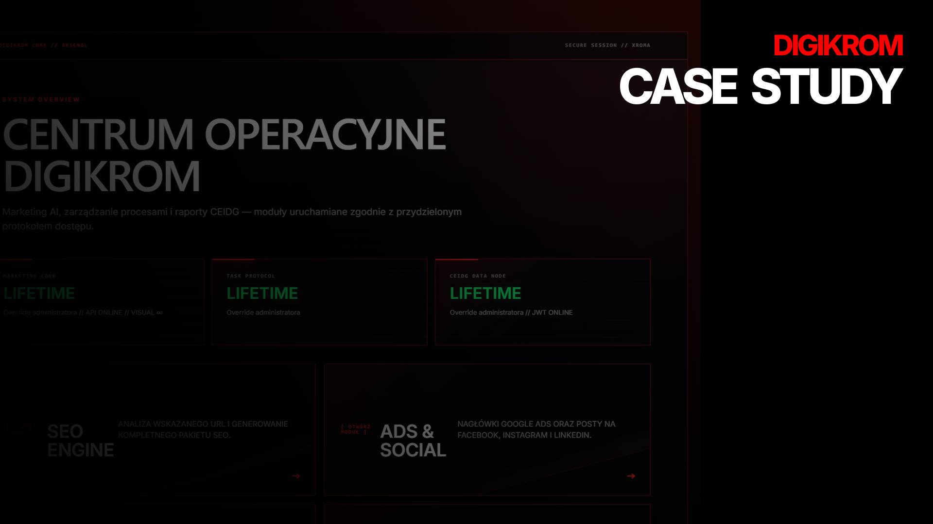 Dark hero banner for a case study: Polish title 'CENTRUM OPERACYJNE DIGIKROM' with 'CASE STUDY' and DIGIKROM logo on the right.