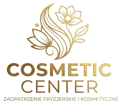 Gold logo with stylized flowers above the text 'COSMETIC CENTER' and the Polish subtitle 'ZAOPATRZENIE FRYZJERSKIE I KOSMETYCZNE'.