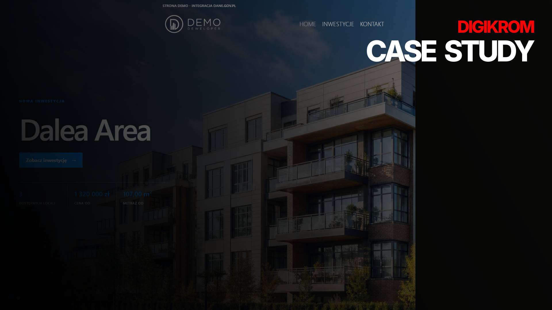 Hero banner with a modern residential building on the left, bold white 'CASE STUDY' text on the right, and a red 'DIGIKROM' logo in the corner (dark overlay).