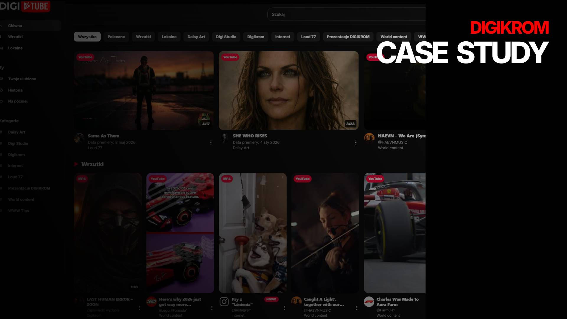 Dark DigiTube homepage mockup with video thumbnails and left navigation; large 'CASE STUDY' banner and red 'DIGIKROM' logo on the right.