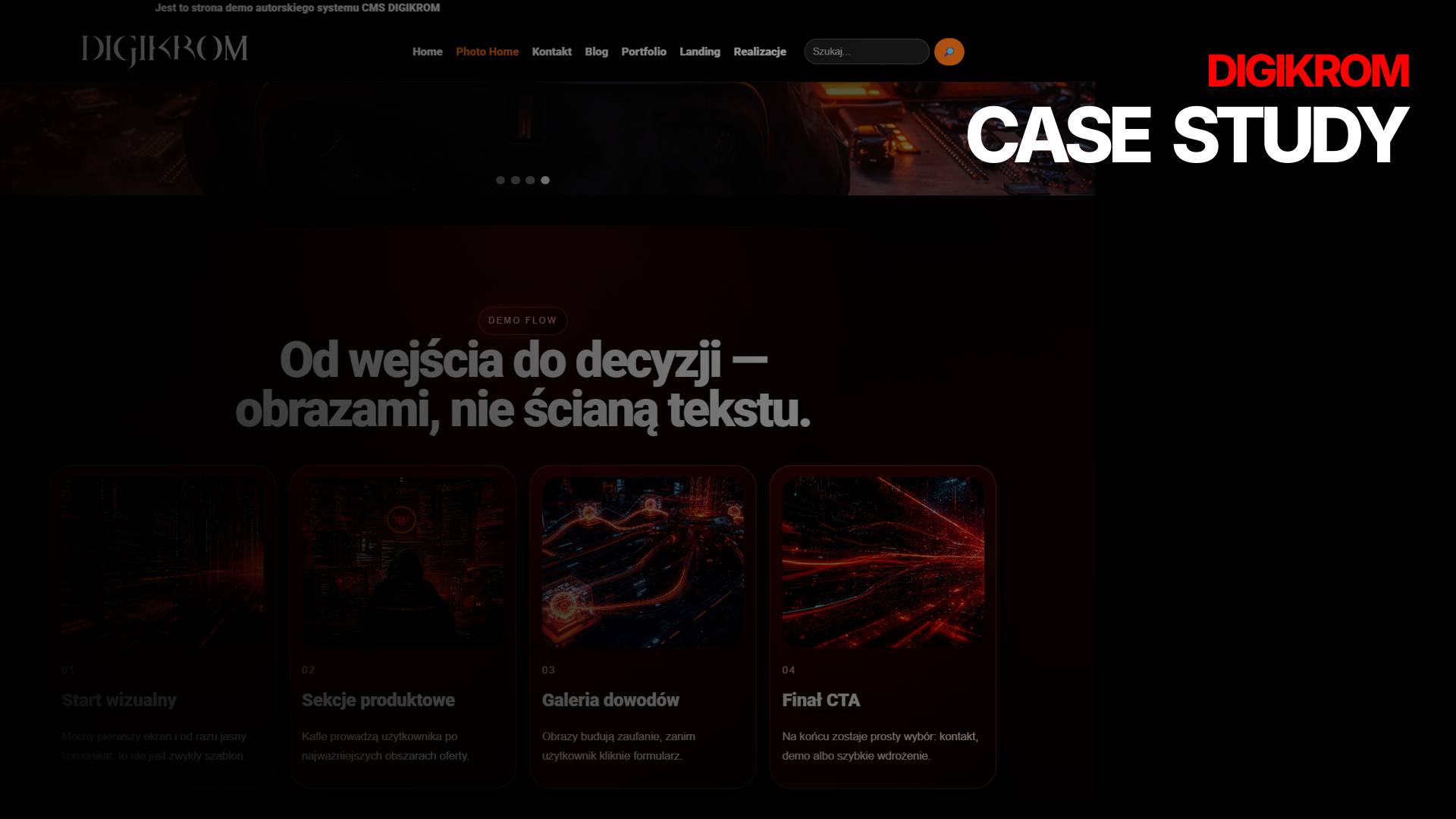 Dark hero banner of a case study page with the DIGIKROM logo, navigation at the top, and a bold Polish headline: 'Od wejścia do decyzji — obrazami, nie ścianą tekstu.'