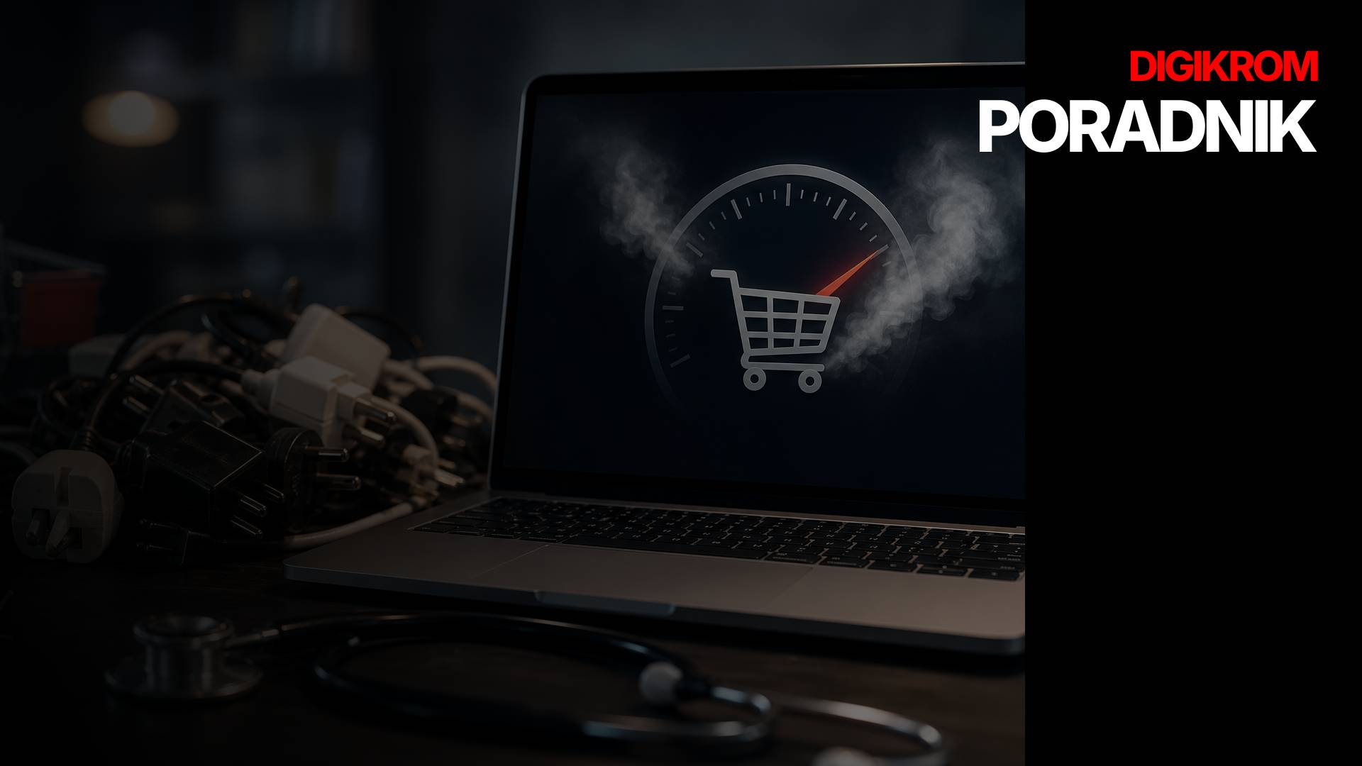 Laptop open to a dark screen displaying a shopping cart icon inside a speedometer, with steam-like mist around the icon; Digikrom Poradnik branding on the right edge.