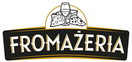 Logo for FROMAZERIA cheese shop with a cheese board, wine glass, and cheese wedges above the curved wordmark.