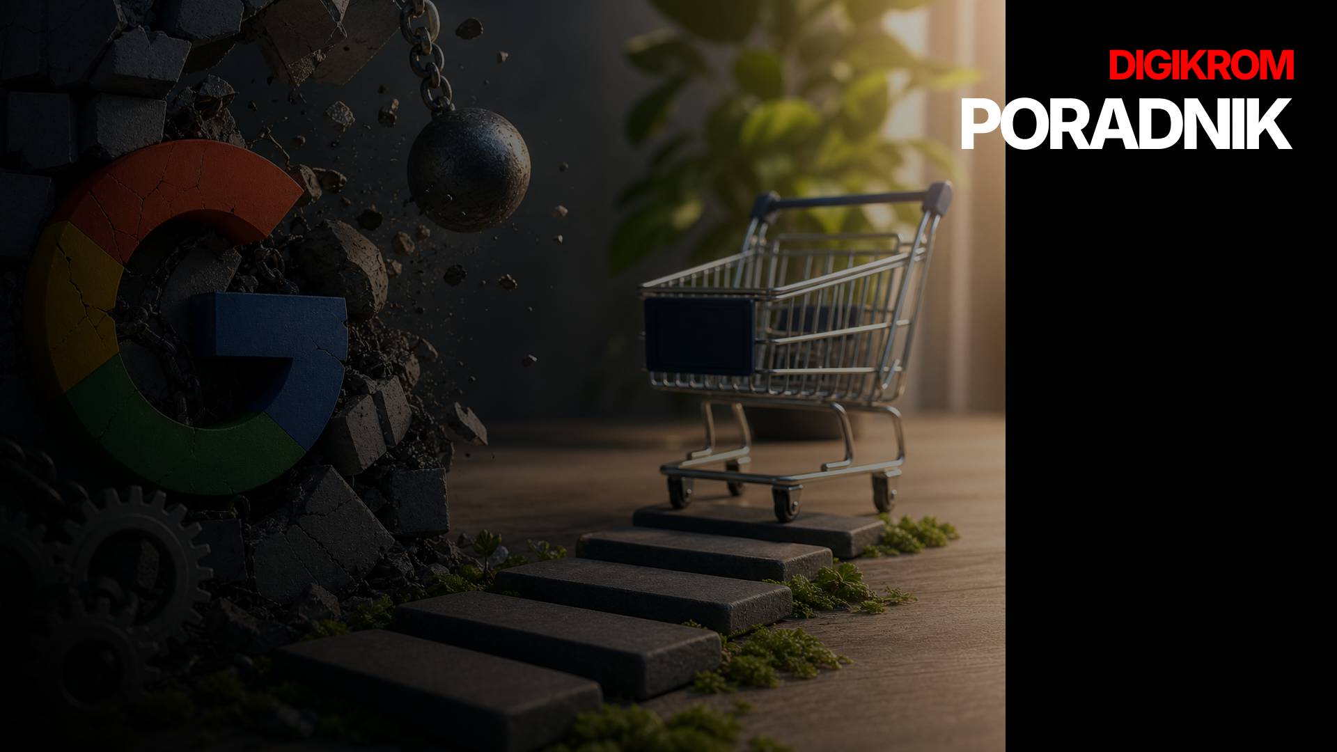 Banner with a wrecking ball and rubble on the left, a small shopping cart on a wooden path in the center, and a Digikrom Poradnik logo on a black right edge.