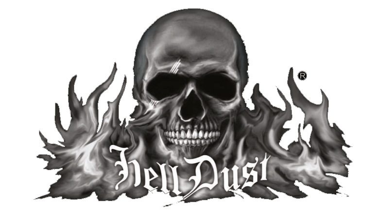 Logo featuring a gray skull rising from smoky flames with the words 'Hell Dust' in gothic lettering on a black background.