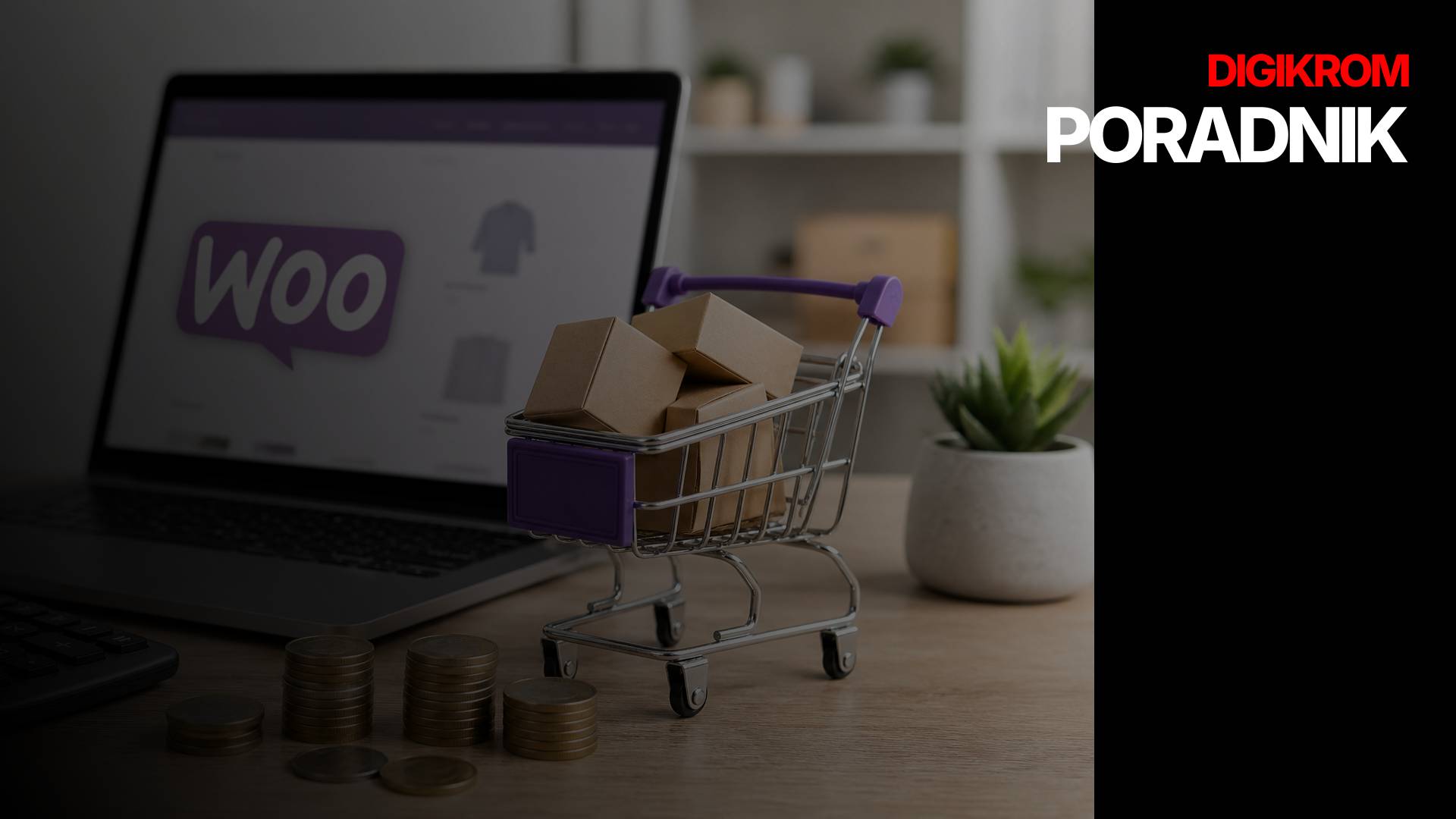 Laptop screen shows the Woo logo while a small shopping cart with boxes sits on a desk, with coin stacks nearby and a Digikrom Poradnik banner on a black panel to the right.