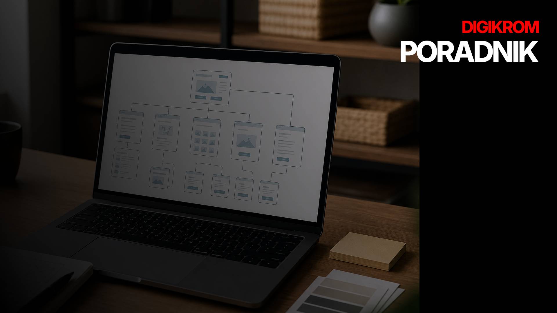 Laptop screen displays a complex flowchart diagram with connected cards; Digikrom Poradnik branding is visible in the top-right corner.