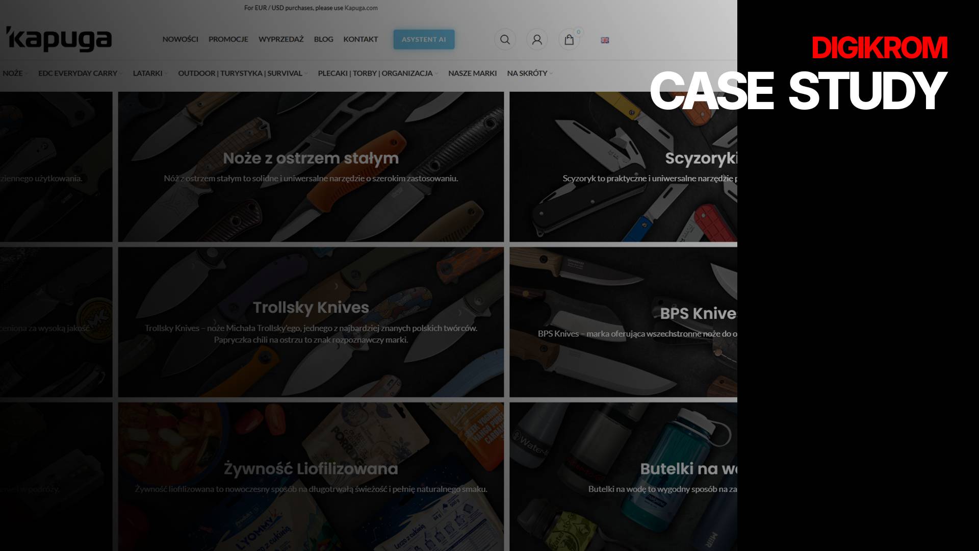 Grid of knife and outdoor gear category cards on a Kapuga site, with 'CASE STUDY' and 'DIGIKROM' on the right.