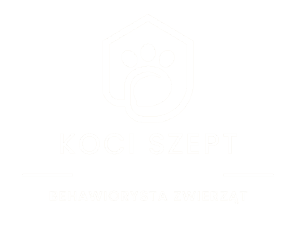 Logo for Koci Szept featuring a pale beige paw inside a hexagonal shape, with the brand name and 'behawiorysta zwierząt' subtitle in light beige.
