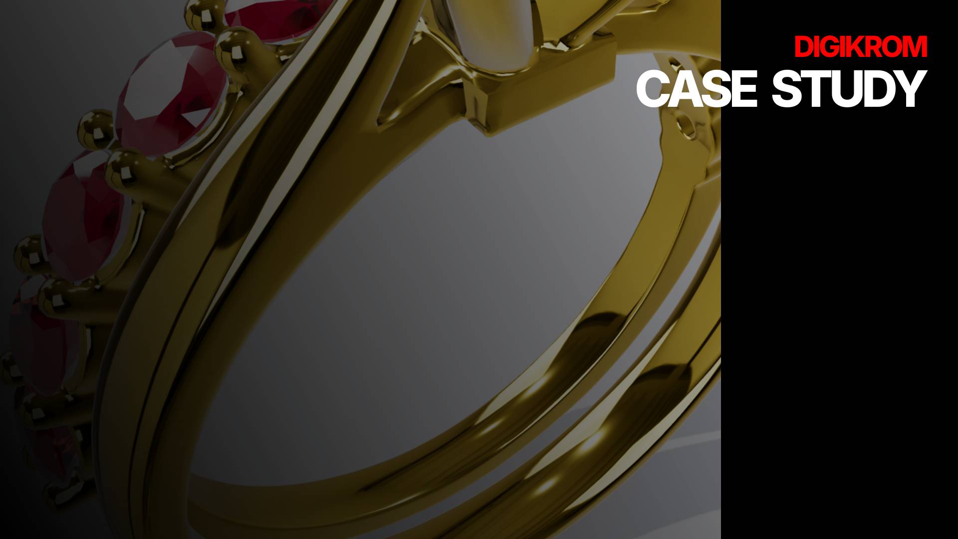 Gold ring with red gems on the left and bold 'CASE STUDY' text on a black background with the red 'DIGIKROM' logo on the right.