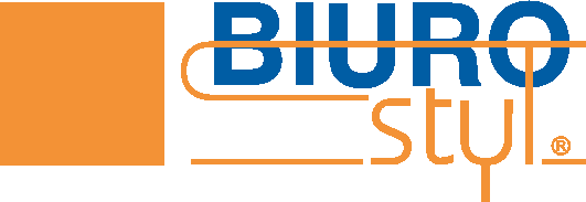 BIURO style logo: blue 'BIURO' text with an orange curved line, and an orange square block on the left.