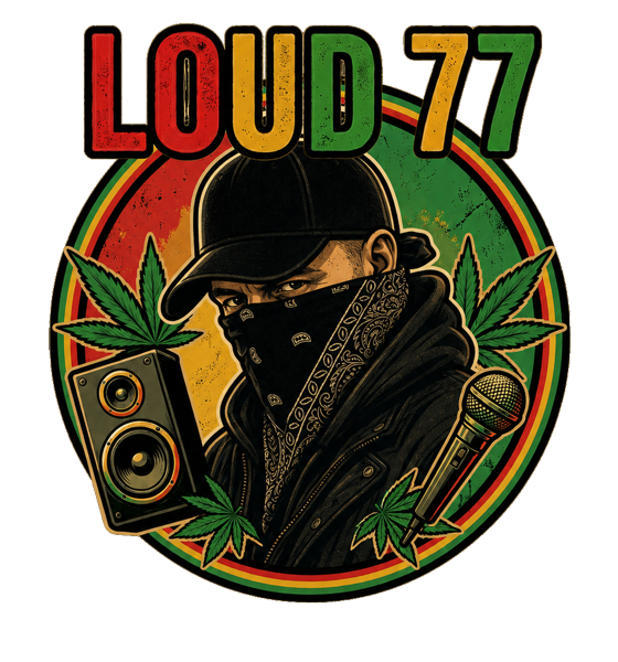 Circular logo featuring a masked rapper in a hoodie and cap, holding a microphone, flanked by cannabis leaves and speakers, with the bold text 'LOUD-77' at the top.