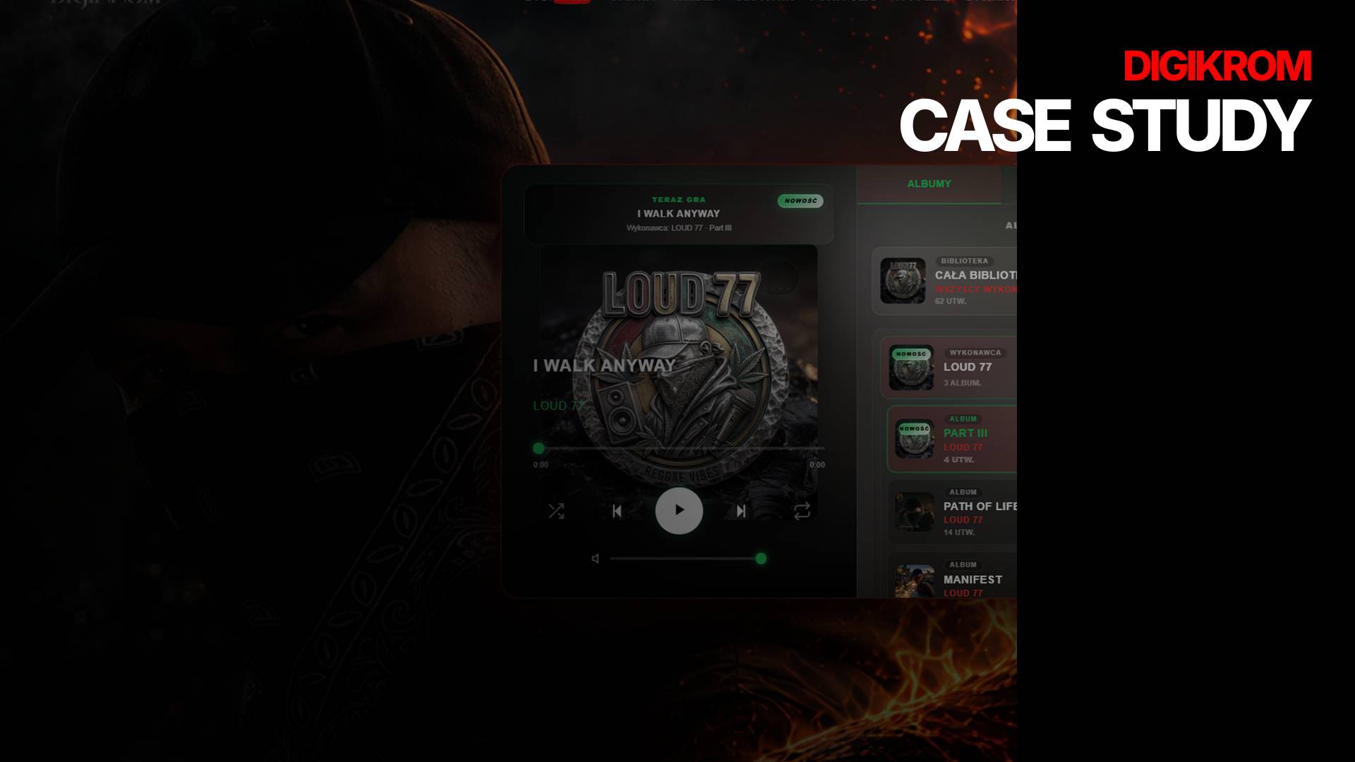 Dark hero banner with 'DIGIKROM CASE STUDY' and a music app UI showing the LOUD 77 album on screen.