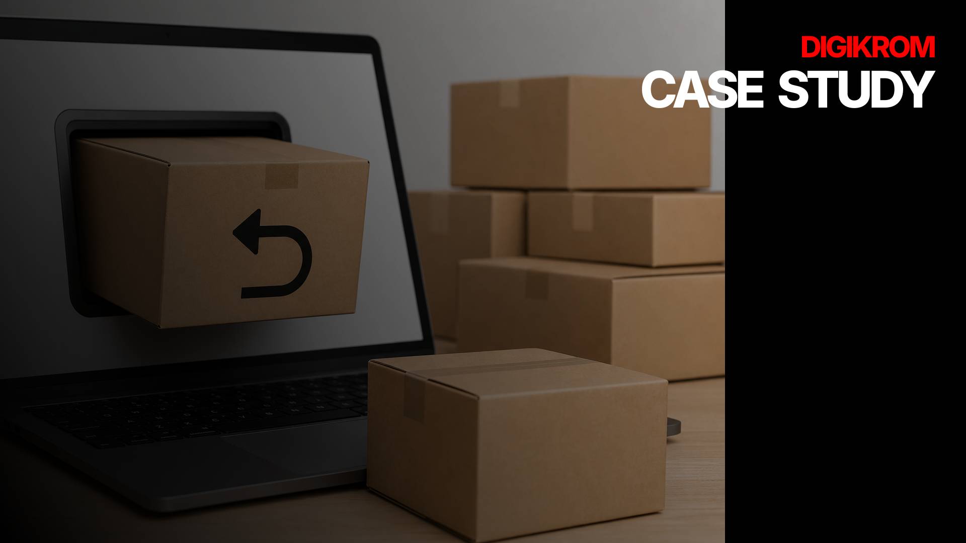 Laptop screen with a cardboard box protruding from it, surrounded by stacked boxes—case study branding visible on the right side.