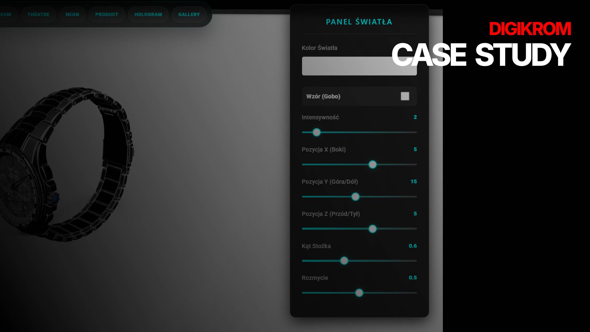 Dark hero image with a metal wristwatch on the left and a vertical control panel featuring turquoise sliders on the right; overlaid text reads 'CASE STUDY' (DIGIKROM).