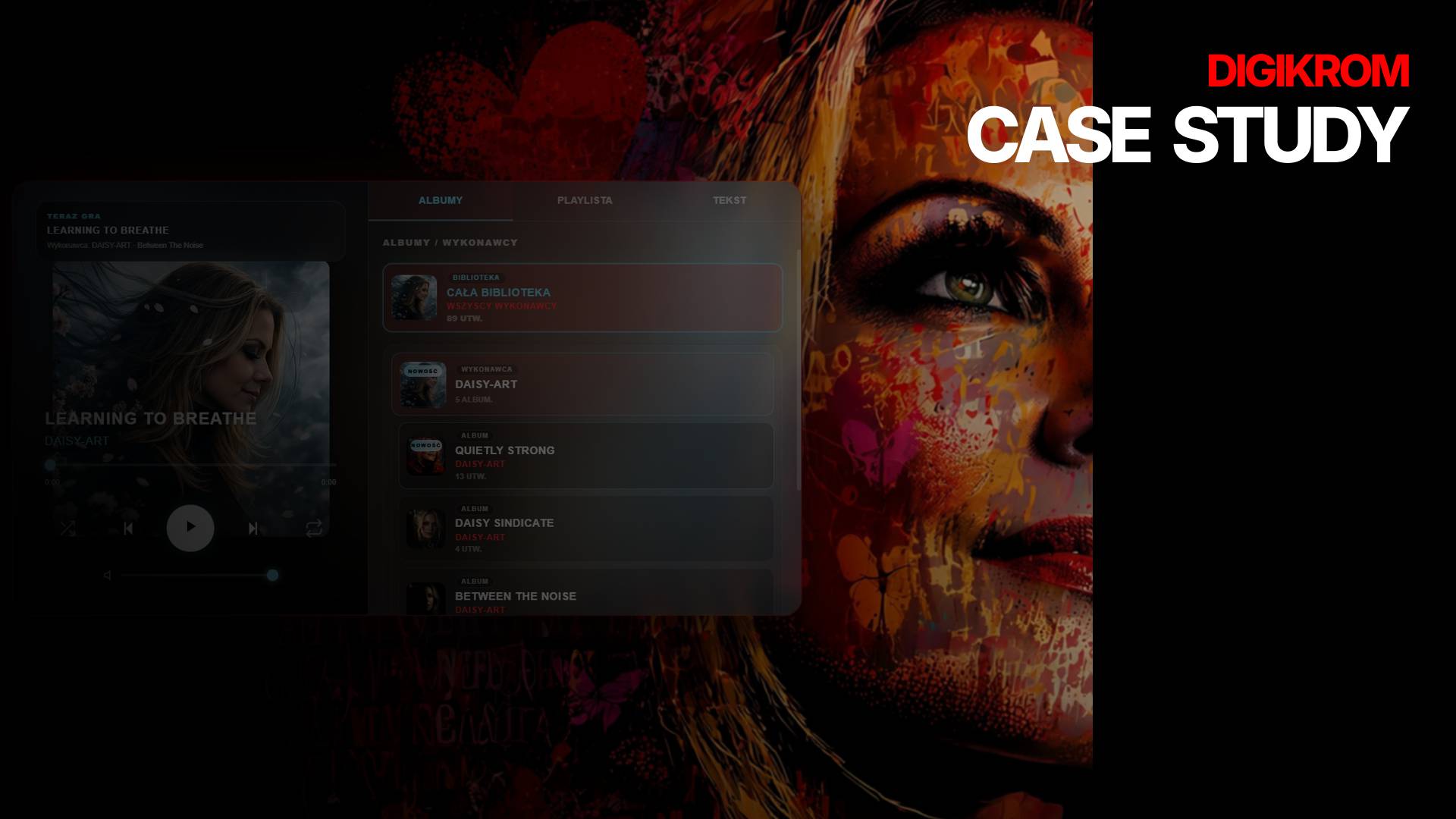 Dark collage banner with a color-splashed woman's face on the right and layered app screens on the left; large 'CASE STUDY' text on the right.