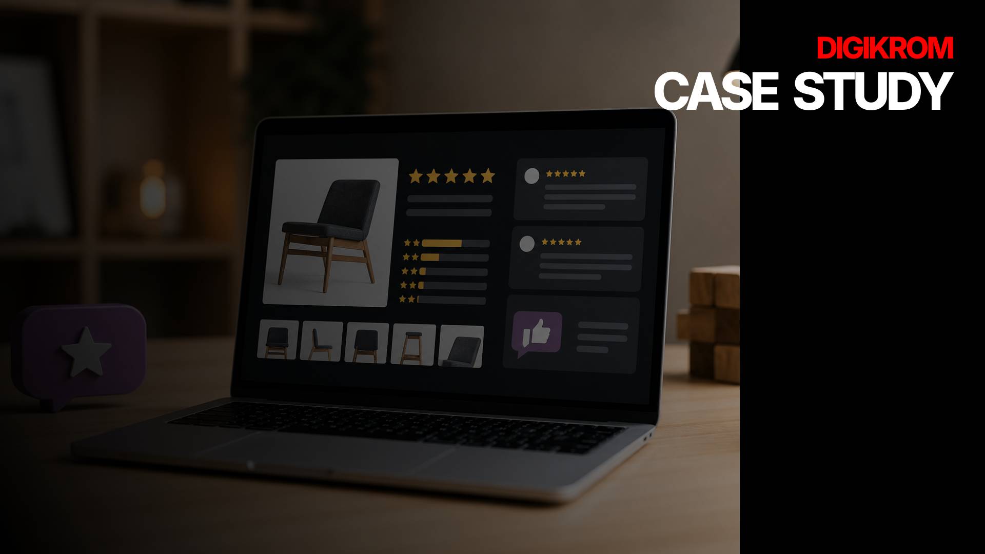 Laptop screen shows a product case study dashboard featuring a chair image and rating cards, with bold 'CASE STUDY' branding on the right.