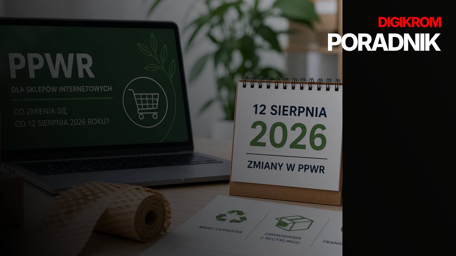 Desk scene with a calendar showing '12 SIERPNIA 2026' and 'ZMIANY W PPWR' next to a laptop displaying 'PPWR'—brand 'DIGIKROM PORADNIK' on black background.