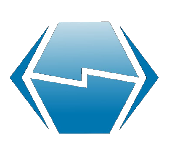 Blue hexagon logo with a black jagged line across, flanked by blue chevrons on a black background.