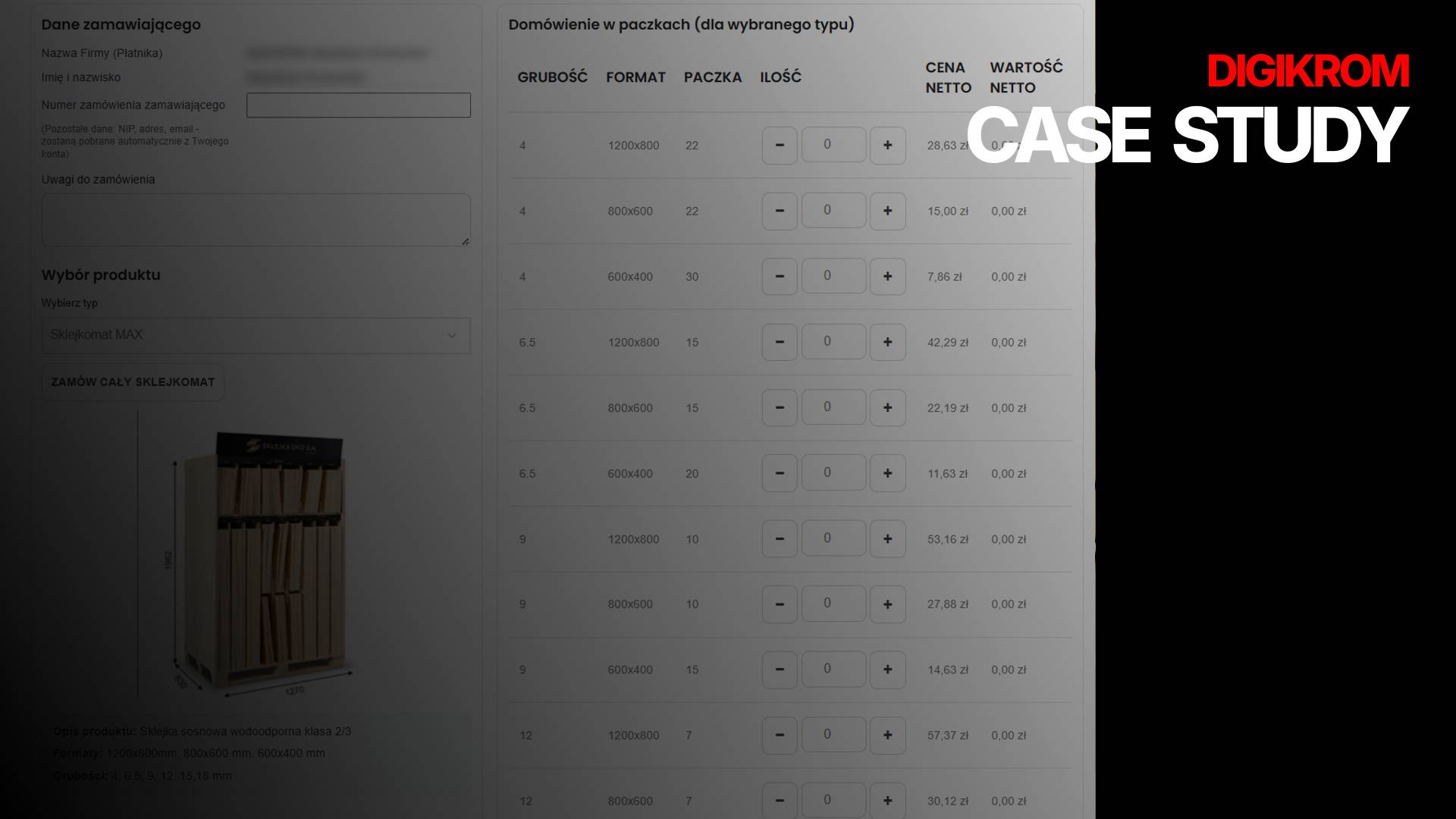 Two-column UI: left shows an order form, right a product list with quantities, plus a bold 'CASE STUDY' overlay and Digikrom logo on a dark background.