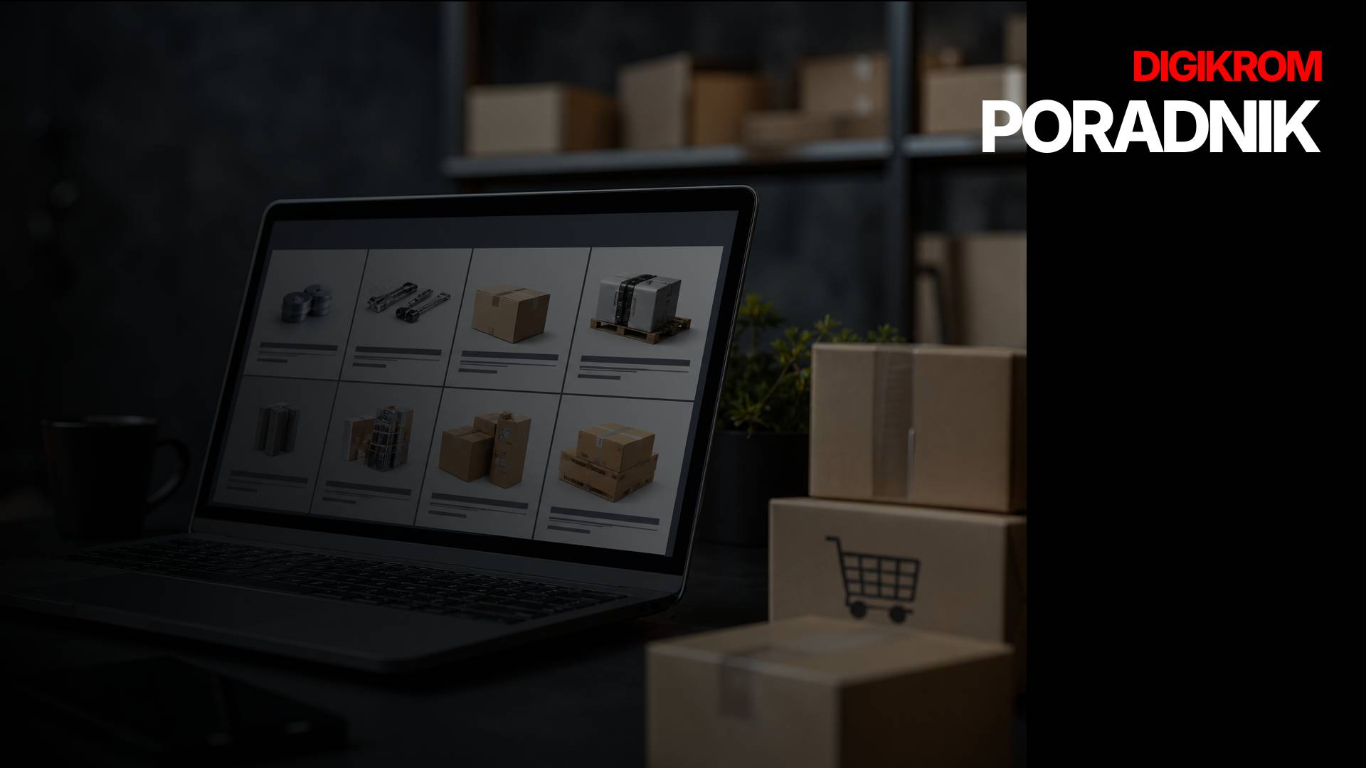 Laptop displaying a grid of product thumbnails in a dim warehouse, with Digikrom Poradnik branding on the right side.