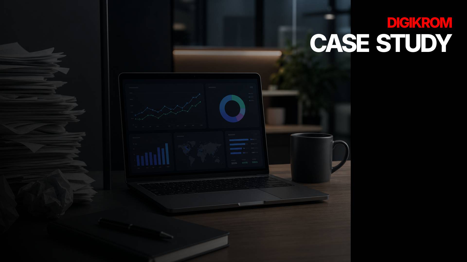 Hero image of a dark office desk with a laptop showing data dashboards, a mug on the right, a stack of papers on the left, and 'DIGIKROM CASE STUDY' text on the right.