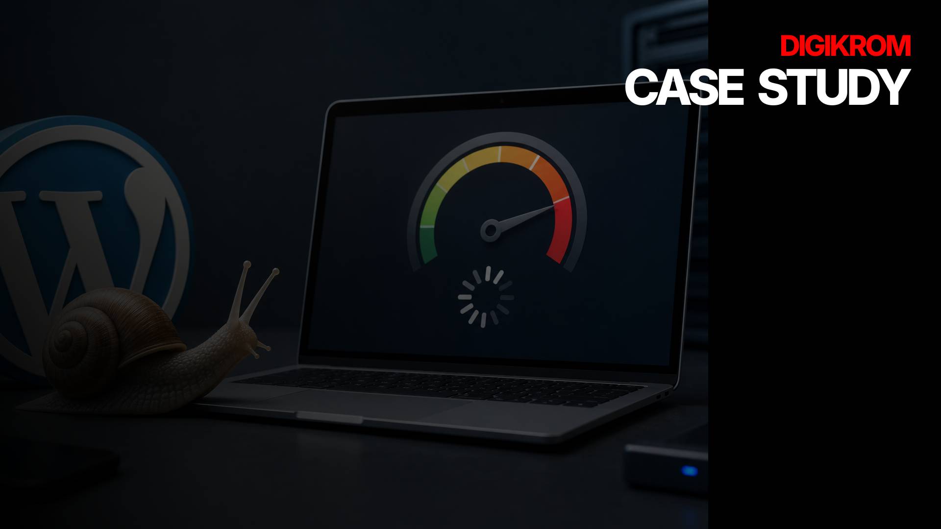 Laptop on a dark desk showing a circular speedometer gauge on screen; Digikrom Case Study branding in the top-right corner.