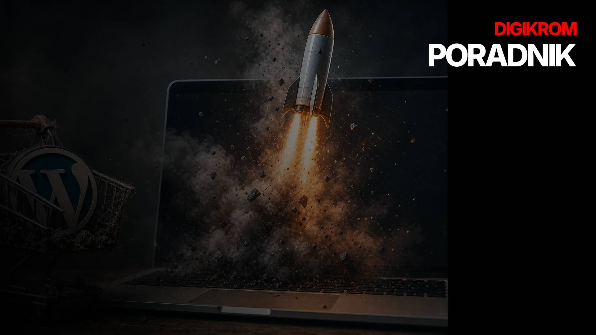 Rocket launching from a laptop screen, with a WordPress logo on the left and Digikrom Poradnik text on the right (dark banner).
