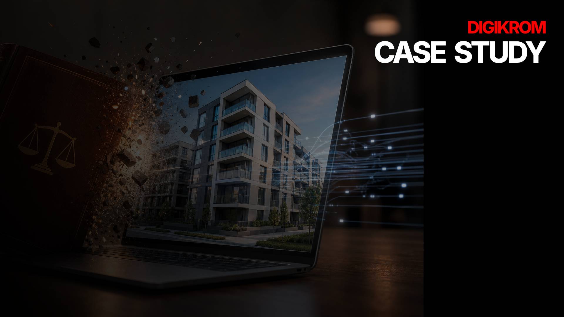 Laptop screen shows a modern apartment building with glass balconies; Digikrom Case Study branding on a dark background.