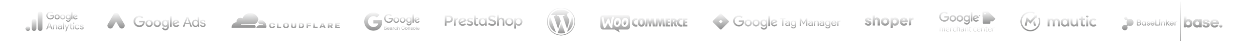 Row of grayscale partner logos on a black background (includes Google Analytics, Google Ads, Cloudflare, Prestashop, WooCommerce, WordPress, Google Tag Manager, Google Merchant Center, and Mautic)