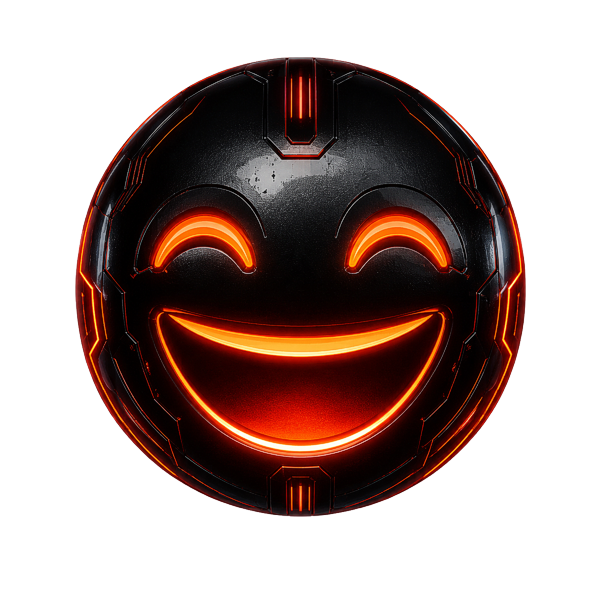 Round black, metallic robot face with glowing red-orange eyes and a wide, cheerful smile.