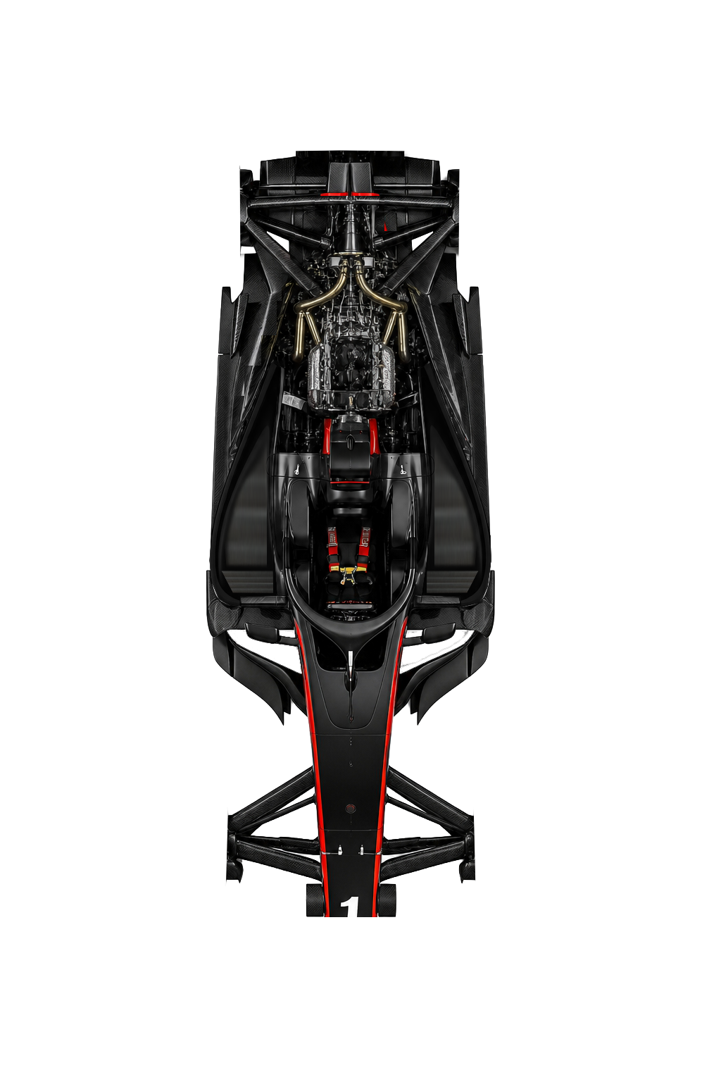 Top-down view of a high-performance racing car showing the exposed engine, exhaust pipes, suspension, and cockpit with red harnesses.