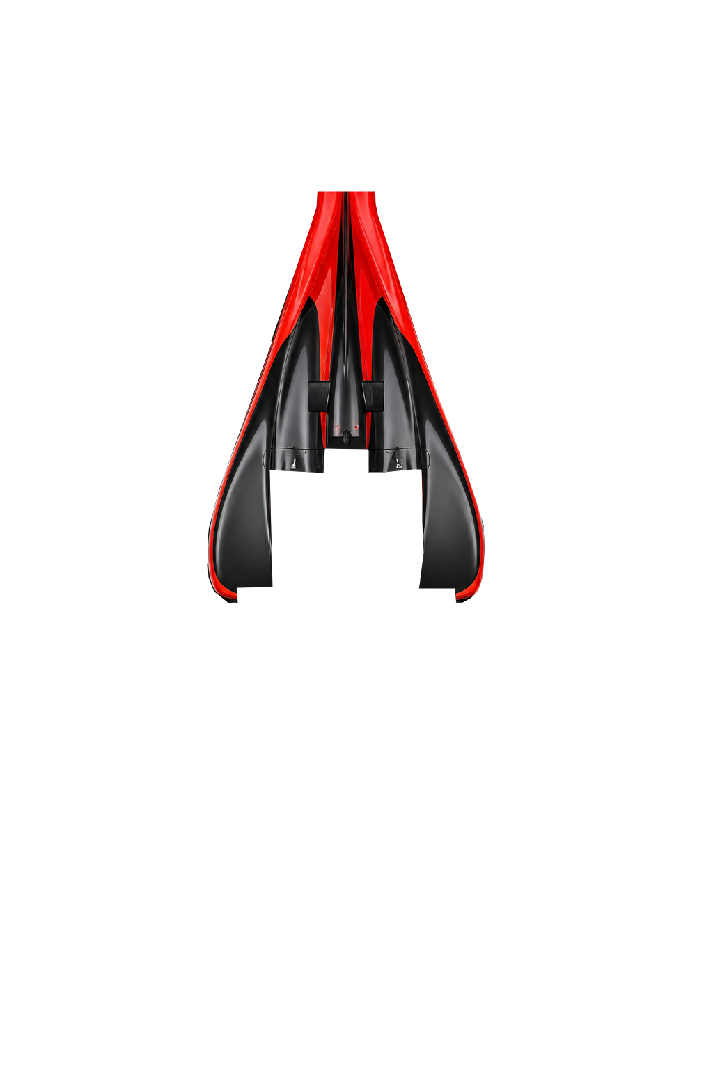 Top-down view of a red and black Formula 1 race car, showing aerodynamic bodywork, wheels, and rear wing
