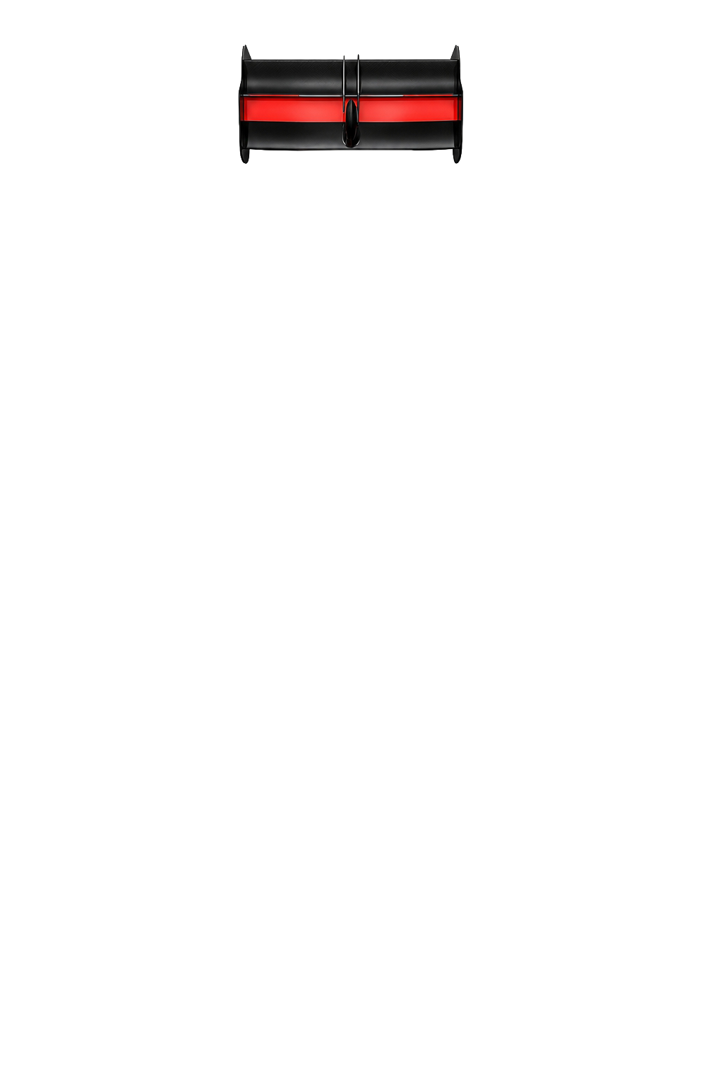 Top-down view of a black and red Formula 1 race car with the cockpit center and the number 1 on the nose, showing large rear wing and slick tires