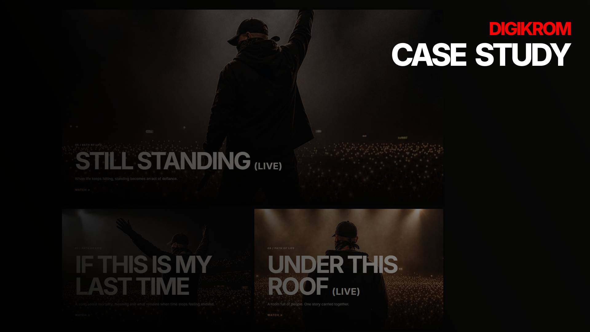 Digikrom case study hero showing a silhouette of a performer on stage with a crowd of lights in the background and 'CASE STUDY' text on the right.