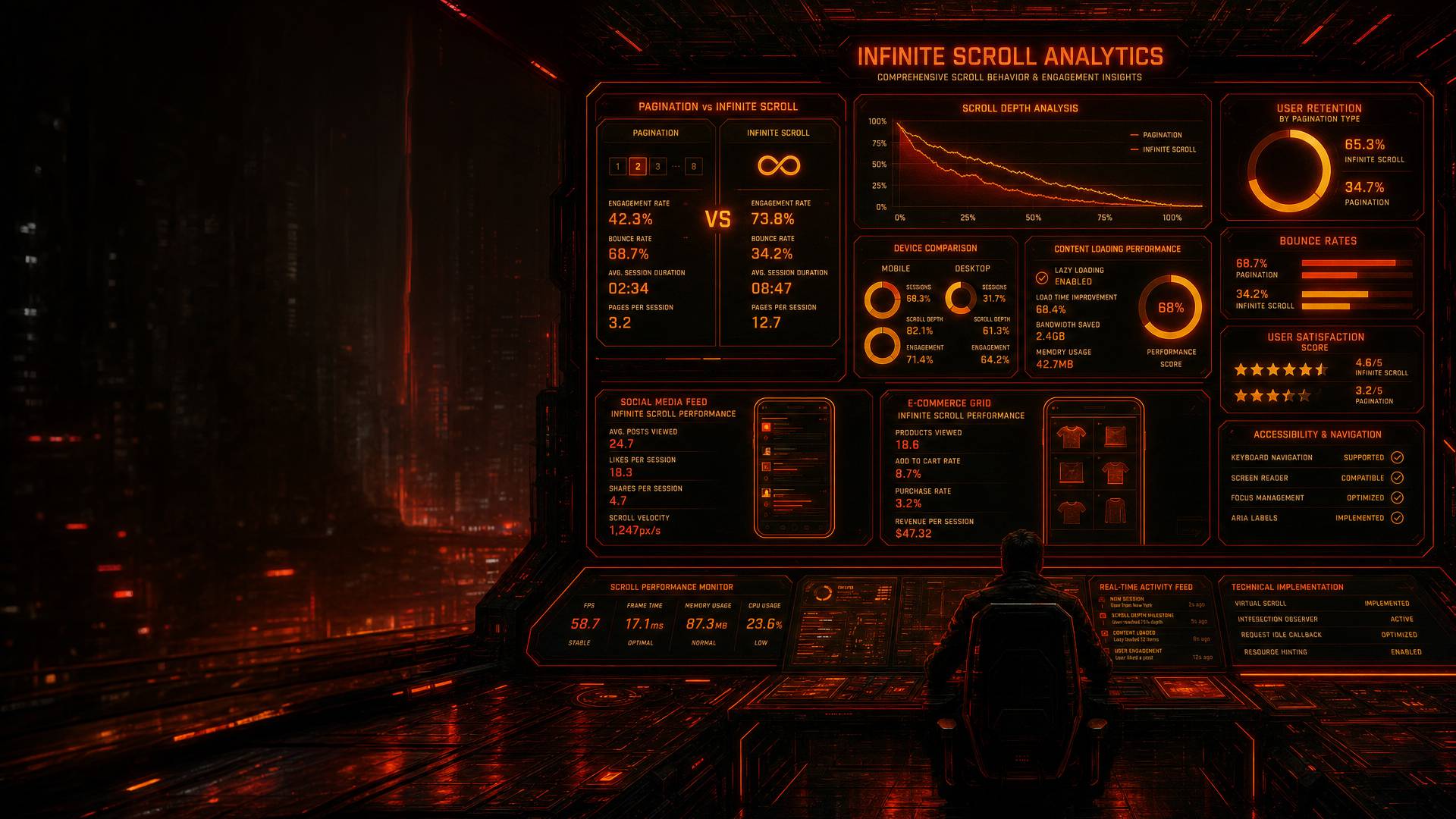 Futuristic command center with orange holographic dashboards showing analytics and charts, a person at a console nearby.