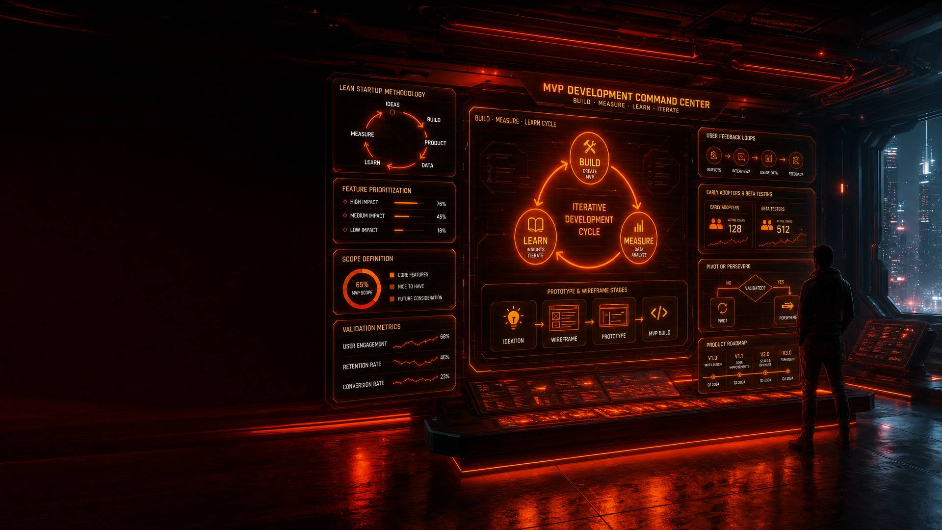Person standing in a dark, high-tech room, studying a large glowing orange holographic board about MVP development.