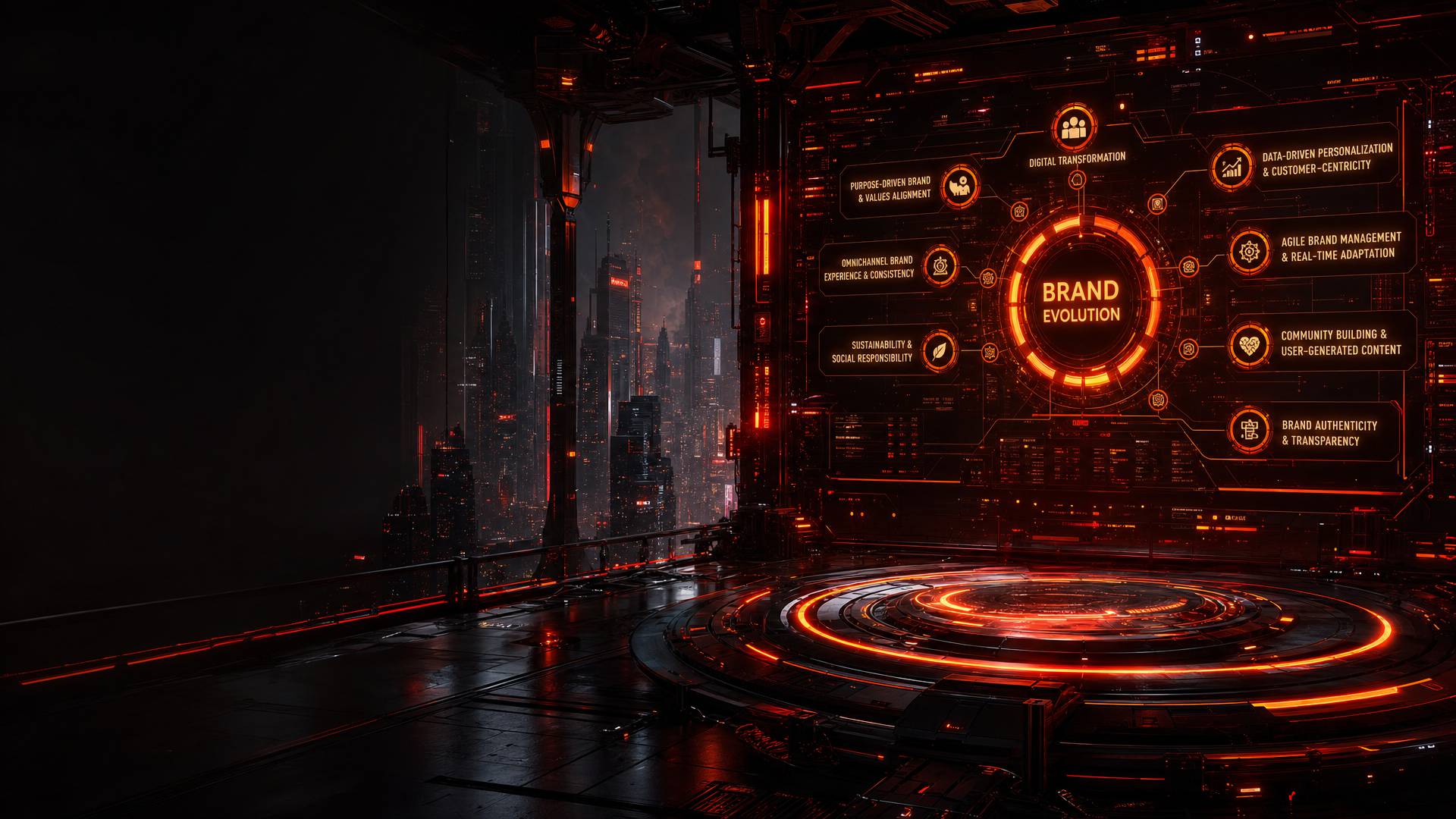 co-to-jest-nowoczesna-marka – DIGIKROM – DIGIKROM Futuristic control room with an orange-glow dashboard centered on 'Brand Evolution' and surrounding strategy icons.
