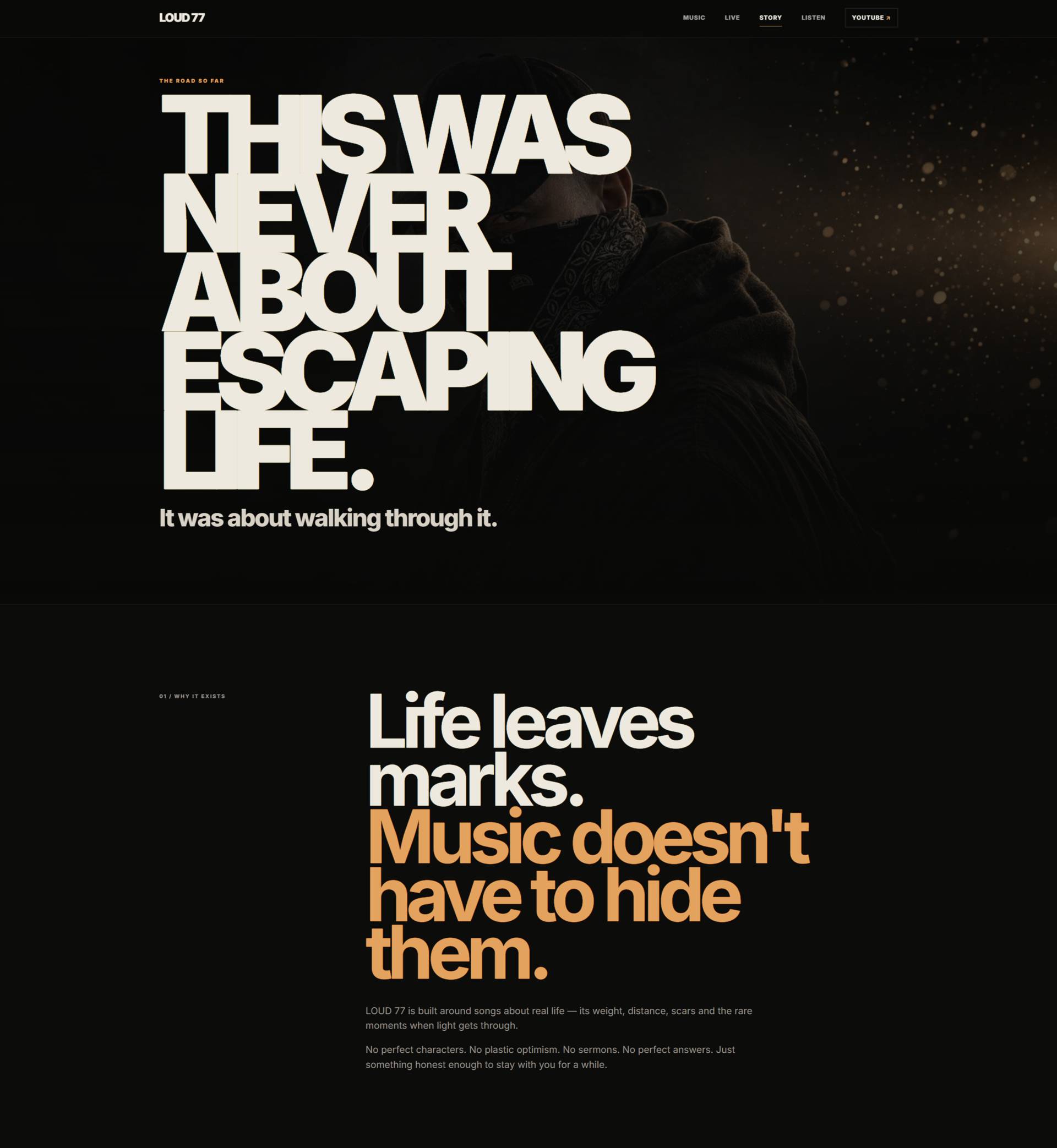 Hero banner with bold white text: 'THIS WAS NEVER ABOUT ESCAPING LIFE' on a dark background, partially obscured by a person in profile. It was about walking through it.
