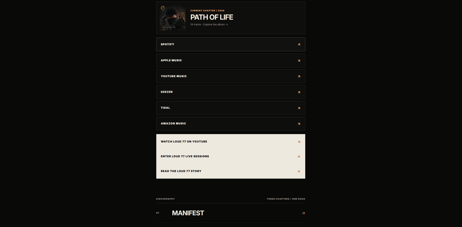 Dark-themed page with a vertical list of music streaming links (Spotify, Apple Music, YouTube Music, Deezer, Tidal, Amazon Music) and a beige highlighted block for Loud 77 content (Watch YouTube, Live Sessions, Read the Loud 77 Story).