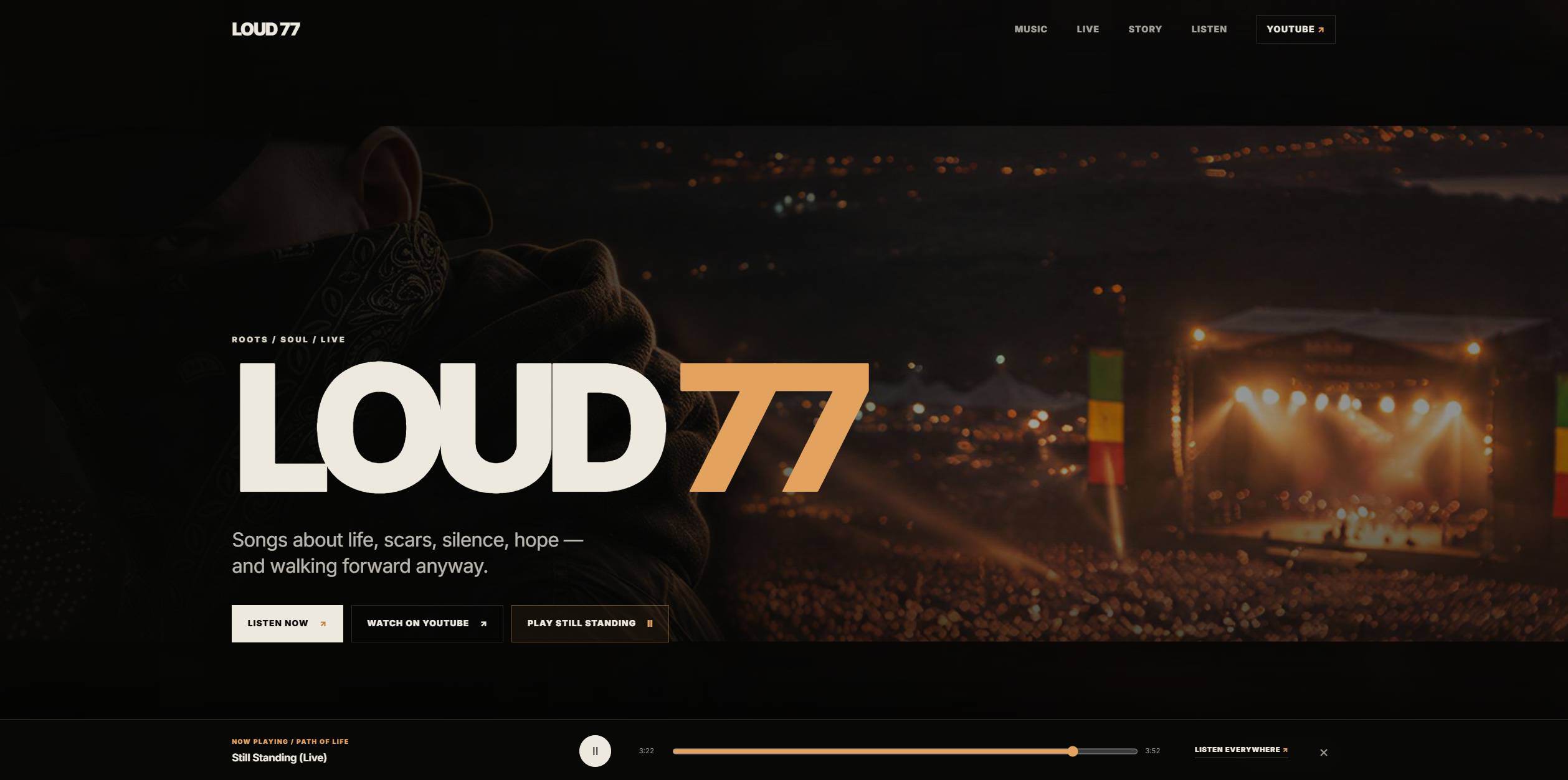 Hero banner for LOUD77: large bold LOUD77 text over a dark concert scene with stage lights and a person wearing a scarf in the foreground.",